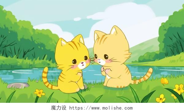 两只小猫在河边钓鱼儿童故事配图AI插画